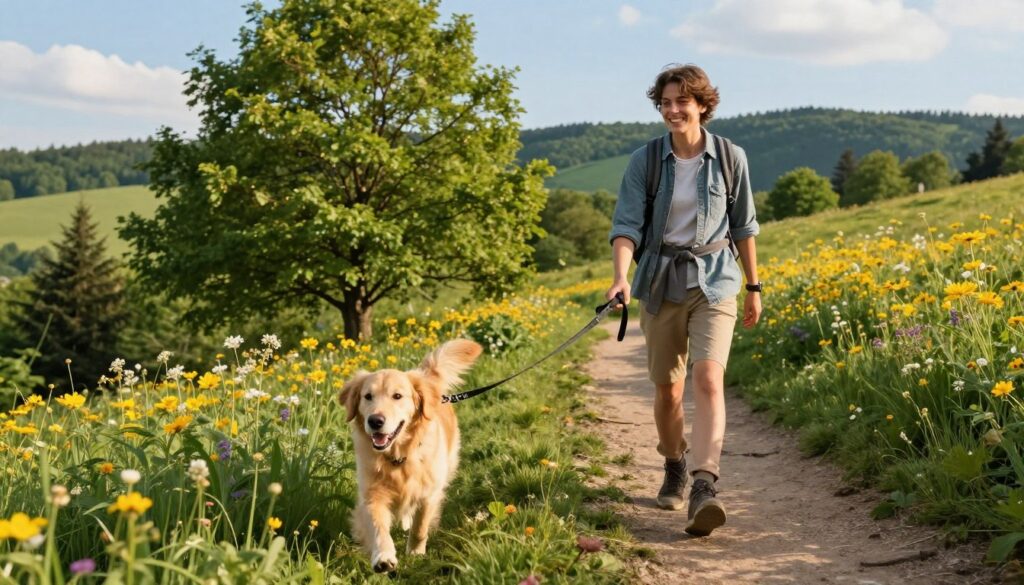 A vibrant outdoor scene featuring an active person in casual attire hiking along a scenic trail with their dog, showcasing the bond between them. In the foreground, the person is smiling and holding a dog leash, while the dog, a cheerful golden retriever, runs playfully ahead. In the middle ground, lush green trees and vibrant wildflowers line the path, capturing the essence of nature in Poland during a sunny day. The background reveals rolling hills under a bright blue sky, creating a sense of freedom and adventure. The soft, warm lighting of late afternoon enhances the joyful atmosphere, suggesting a perfect day for outdoor activities with a pet.