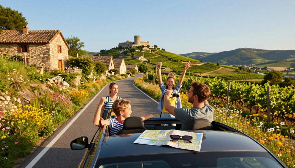 A vibrant road trip scene showcasing a scenic route through Europe, featuring narrow winding roads lined with colorful wildflowers and rustic stone houses. In the foreground, a stylish car with an open sunroof, filled with travel essentials like a map and sunglasses. In the middle ground, a cheerful family dressed in casual attire enjoys the journey, capturing moments with their camera. The background offers a picturesque landscape of rolling hills, ancient castles, and lush vineyards under a clear blue sky. The lighting is warm and inviting, suggesting a late afternoon sun, creating a sense of adventure and excitement. The overall atmosphere is joyful and inspirational, reflecting the essence of a memorable road trip across Europe. A vibrant road trip scene showcasing a scenic route through Europe, featuring narrow winding roads lined with colorful wildflowers and rustic stone houses. In the foreground, a stylish car with an open sunroof, filled with travel essentials like a map and sunglasses. In the middle ground, a cheerful family dressed in casual attire enjoys the journey, capturing moments with their camera. The background offers a picturesque landscape of rolling hills, ancient castles, and lush vineyards under a clear blue sky. The lighting is warm and inviting, suggesting a late afternoon sun, creating a sense of adventure and excitement. The overall atmosphere is joyful and inspirational, reflecting the essence of a memorable road trip across Europe.