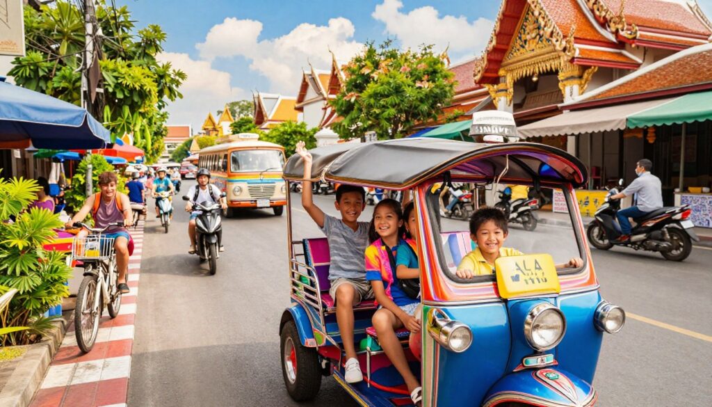 A vibrant scene depicting a family of four exploring Thailand's transport options. In the foreground, two children, a boy and a girl, are joyfully riding a colorful tuk-tuk, wearing casual, colorful clothing, and smiling. The middle ground features a bustling Thai street with various modes of transportation, including bicycles, buses, and motorbikes, surrounded by lush greenery and vibrant shopfronts. In the background, traditional Thai architecture, such as ornate temples and market stalls, can be seen under a bright blue sky with fluffy clouds. The lighting is warm and inviting, evoking a cheerful atmosphere of adventure and discovery. The angle is slightly elevated, capturing both the family’s excitement and the lively surroundings without any distractions or text overlays.