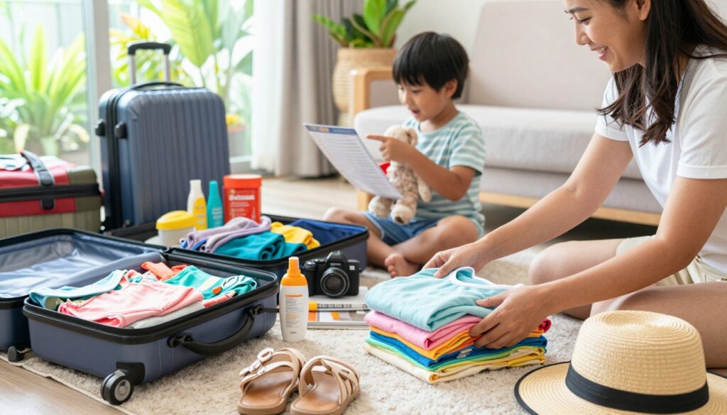 A vibrant scene depicting a family preparing for a trip to Thailand, focusing on essential clothing and accessories for traveling with children. In the foreground, a parent is carefully folding colorful summer outfits, sandals, and sun hats, while a child is excitedly holding a stuffed animal and pointing at a packing list. In the middle, a spacious living room is filled with travel bags and packed essentials like sunscreen, a camera, and travel guides. The background features a sunny window with tropical plants, creating a warm, inviting atmosphere. The lighting is bright and cheerful, conveying a sense of excitement and anticipation for the family adventure. The scene captures the joy and organization of family travel preparation in a light, welcoming tone.