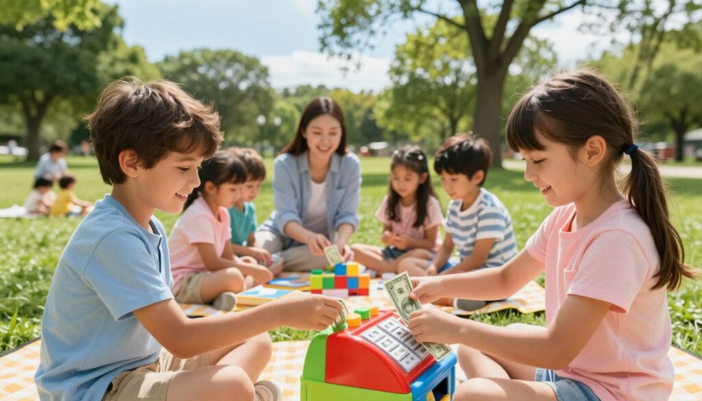 A vibrant scene depicting children engaging in fun, interactive economic learning activities in a sunny park setting. In the foreground, two children, a boy and a girl, are joyfully using a colorful play cash register and counting fake money, dressed in casual, modest summer clothing. In the middle ground, a friendly adult, perhaps a parent or instructor, is guiding a small group of children sitting on picnic blankets, surrounded by books and educational toys about savings and expenses. The background features tall trees, a bright blue sky, and families enjoying leisure time, reinforcing a cheerful and inspiring atmosphere. Soft, natural lighting enhances the joyful mood, while the overall composition conveys a sense of curiosity and learning about finances in a playful environment. A vibrant scene depicting children engaging in fun, interactive economic learning activities in a sunny park setting. In the foreground, two children, a boy and a girl, are joyfully using a colorful play cash register and counting fake money, dressed in casual, modest summer clothing. In the middle ground, a friendly adult, perhaps a parent or instructor, is guiding a small group of children sitting on picnic blankets, surrounded by books and educational toys about savings and expenses. The background features tall trees, a bright blue sky, and families enjoying leisure time, reinforcing a cheerful and inspiring atmosphere. Soft, natural lighting enhances the joyful mood, while the overall composition conveys a sense of curiosity and learning about finances in a playful environment.