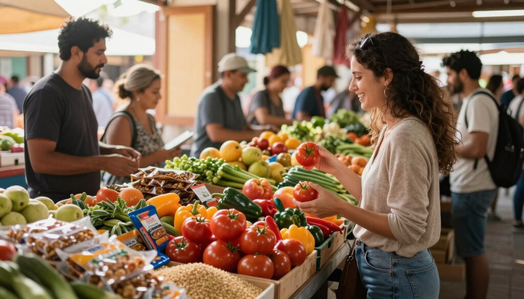 A vibrant scene inside a bustling local market, showcasing a diverse selection of fresh produce, grains, and packaged goods. In the foreground, a cheerful shopper examining ripe tomatoes and colorful bell peppers, wearing casual but modest clothing. The middle section features various stalls laden with fresh fruits, vegetables, and local specialties, while friendly vendors interact with customers, creating a lively atmosphere. In the background, warm natural light filters through open windows, casting a golden glow on the scene, enhancing the inviting ambiance. The overall mood is upbeat and communal, embodying the joy of exploring local culture through food shopping while planning meals for budget-friendly travel.