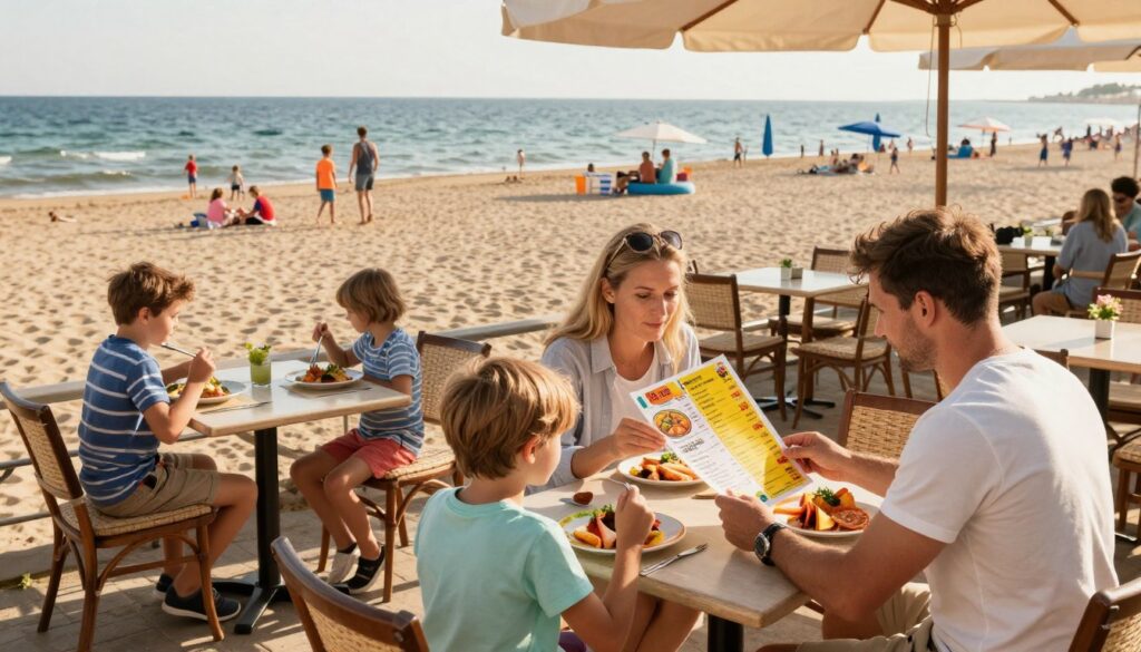 A vibrant seaside scene depicting a family enjoying their vacation at the Polish coast in 2026. In the foreground, a family of four—parents and two children—are examining a colorful menu at an outdoor café, showcasing various food prices. The middle ground captures the café's charming tables and umbrellas, with plates of traditional Polish dishes. In the background, a sandy beach stretches to the horizon, dotted with families, beach umbrellas, and children playing. The scene is bathed in warm, golden light of late afternoon, creating a cheerful and inviting atmosphere. The angle is slightly elevated, giving a panoramic view of both the café and the beach, emphasizing the lively summer vibe while ensuring the focus remains on the family and their experience. A vibrant seaside scene depicting a family enjoying their vacation at the Polish coast in 2026. In the foreground, a family of four—parents and two children—are examining a colorful menu at an outdoor café, showcasing various food prices. The middle ground captures the café's charming tables and umbrellas, with plates of traditional Polish dishes. In the background, a sandy beach stretches to the horizon, dotted with families, beach umbrellas, and children playing. The scene is bathed in warm, golden light of late afternoon, creating a cheerful and inviting atmosphere. The angle is slightly elevated, giving a panoramic view of both the café and the beach, emphasizing the lively summer vibe while ensuring the focus remains on the family and their experience.