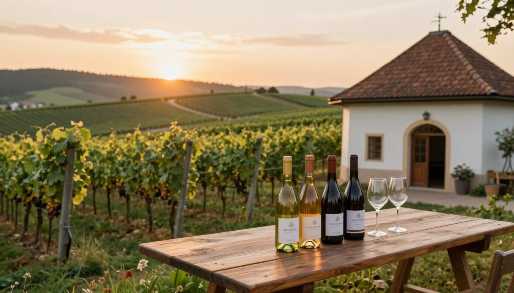 A vibrant vineyard landscape in Poland during golden hour, showcasing rows of lush grapevines under a warm sunset sky. In the foreground, a rustic wooden table is set with a selection of elegant wine bottles and tasting glasses, conveying the experience of online wine shopping. The middle ground features a charming winery building with traditional architecture, complete with a welcoming doorway. In the background, rolling hills dotted with more vineyards and a soft light illuminating the scene, creating a cozy, inviting atmosphere. Capture the essence of regional wine culture with soft focus on the vineyard and a slight tilt-down angle, enhancing the feeling of warmth and accessibility in the buying experience. A vibrant vineyard landscape in Poland during golden hour, showcasing rows of lush grapevines under a warm sunset sky. In the foreground, a rustic wooden table is set with a selection of elegant wine bottles and tasting glasses, conveying the experience of online wine shopping. The middle ground features a charming winery building with traditional architecture, complete with a welcoming doorway. In the background, rolling hills dotted with more vineyards and a soft light illuminating the scene, creating a cozy, inviting atmosphere. Capture the essence of regional wine culture with soft focus on the vineyard and a slight tilt-down angle, enhancing the feeling of warmth and accessibility in the buying experience.