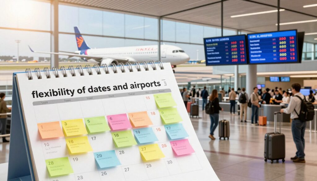 A visually engaging scene depicting the concept of "flexibility of dates and airports" in air travel. In the foreground, illustrate a calendar filled with colorful sticky notes representing various travel dates and destinations. The middle ground features a modern airport terminal bustling with passengers, with digital screens displaying flexible flight options and fare prices. In the background, a large view of airplanes at the runway, showcasing different airlines. The lighting should be bright and inviting, mimicking a sunny day that evokes feelings of adventure and excitement. Capture the atmosphere of anticipation and opportunity in travel, with a focus on cost-effective flying options, ensuring all elements are professional and suitable for a general audience. A visually engaging scene depicting the concept of "flexibility of dates and airports" in air travel. In the foreground, illustrate a calendar filled with colorful sticky notes representing various travel dates and destinations. The middle ground features a modern airport terminal bustling with passengers, with digital screens displaying flexible flight options and fare prices. In the background, a large view of airplanes at the runway, showcasing different airlines. The lighting should be bright and inviting, mimicking a sunny day that evokes feelings of adventure and excitement. Capture the atmosphere of anticipation and opportunity in travel, with a focus on cost-effective flying options, ensuring all elements are professional and suitable for a general audience.