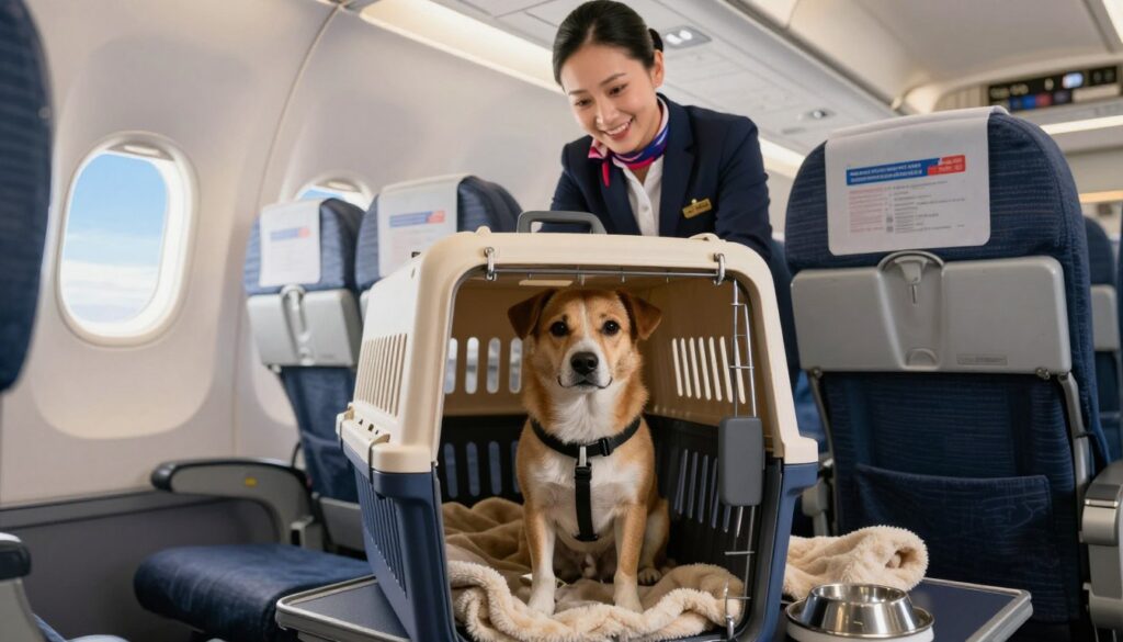 A visually informative scene depicting safe conditions for transporting a dog in an airplane cabin. In the foreground, a calm, medium-sized dog, secured in a soft, well-ventilated carrier, sits comfortably with a cozy blanket and a water bowl. In the middle ground, a smiling flight attendant, dressed in professional attire, attentively checks on the dog, ensuring its safety and comfort. The background features airplane seats with well-placed safety instructions visible, and large windows showing a clear blue sky outside. Soft, natural lighting creates a welcoming atmosphere, capturing both the importance of pet safety and the serene environment of air travel. Focus on the care and attention given to the pet, emphasizing the positive experience. A visually informative scene depicting safe conditions for transporting a dog in an airplane cabin. In the foreground, a calm, medium-sized dog, secured in a soft, well-ventilated carrier, sits comfortably with a cozy blanket and a water bowl. In the middle ground, a smiling flight attendant, dressed in professional attire, attentively checks on the dog, ensuring its safety and comfort. The background features airplane seats with well-placed safety instructions visible, and large windows showing a clear blue sky outside. Soft, natural lighting creates a welcoming atmosphere, capturing both the importance of pet safety and the serene environment of air travel. Focus on the care and attention given to the pet, emphasizing the positive experience.