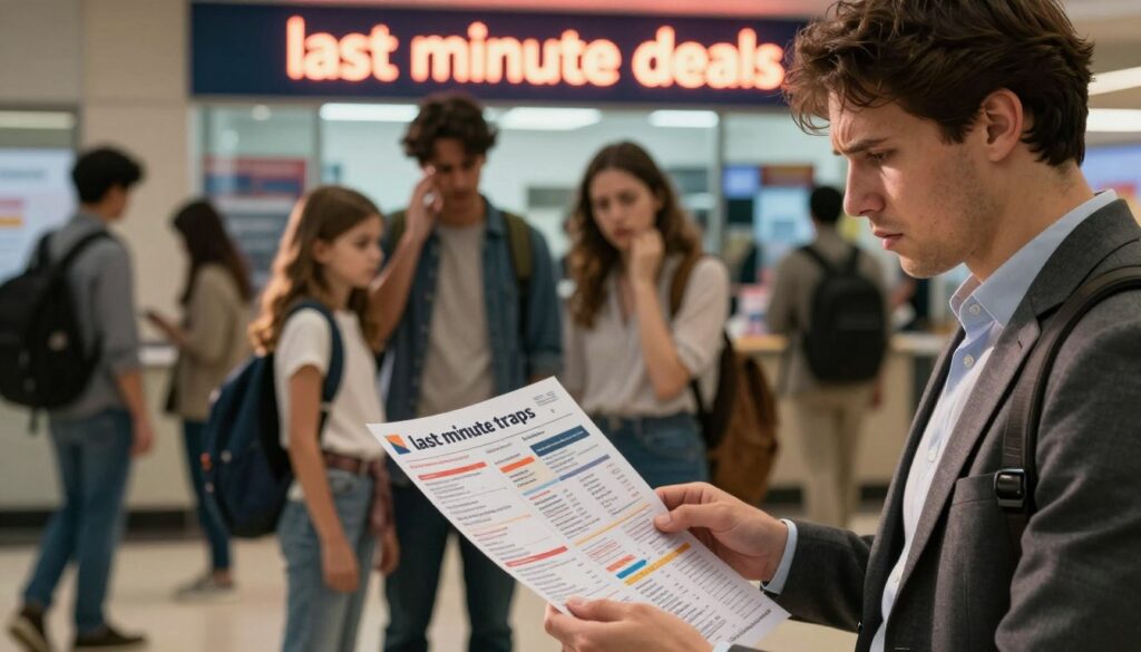 A visually striking and thought-provoking image illustrating "last minute traps" in the travel industry. In the foreground, a concerned traveler, dressed in professional attire, examines a chaotic travel brochure filled with fine print and hidden fees. In the middle ground, a disillusioned family stands before a travel agency, their faces displaying confusion and frustration, with a backdrop of a neon-lit sign advertising "last minute deals." The background features blurred silhouettes of other customers, representing a bustling travel environment. Soft, warm lighting highlights the tension in the scene while casting long shadows, creating a sense of urgency and caution. The overall mood conveys a mixture of apprehension and awareness, capturing the essence of vigilance needed in the face of deceptive offers.