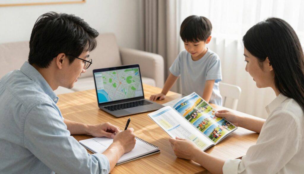 A warm and inviting family scene set in a bright and cozy living room, where parents are gathered around a wooden table, actively planning their family vacation budget. The father, wearing a smart casual shirt and glasses, is analyzing a notepad filled with figures and notes, while the mother, dressed in a comfortable yet professional blouse, looks at a colorful travel brochure showcasing various family-friendly attractions. In the background, a playful child stands with a laptop open, displaying a map, symbolizing excitement and engagement in the planning process. Soft, natural light filters in through a nearby window, casting gentle shadows that create a relaxed atmosphere, emphasizing a sense of joyful anticipation for their upcoming holiday. The composition focuses on collaboration and thoughtful budgeting for a family adventure. A warm and inviting family scene set in a bright and cozy living room, where parents are gathered around a wooden table, actively planning their family vacation budget. The father, wearing a smart casual shirt and glasses, is analyzing a notepad filled with figures and notes, while the mother, dressed in a comfortable yet professional blouse, looks at a colorful travel brochure showcasing various family-friendly attractions. In the background, a playful child stands with a laptop open, displaying a map, symbolizing excitement and engagement in the planning process. Soft, natural light filters in through a nearby window, casting gentle shadows that create a relaxed atmosphere, emphasizing a sense of joyful anticipation for their upcoming holiday. The composition focuses on collaboration and thoughtful budgeting for a family adventure.