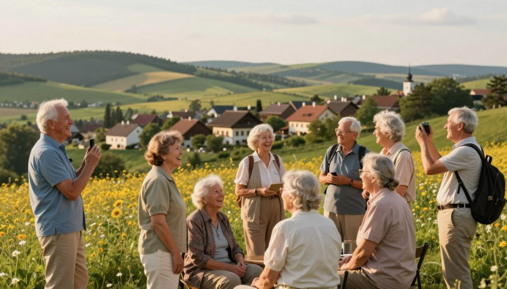 A warm and inviting scene depicting a group of elderly travelers enjoying a scenic outdoor setting in Poland. In the foreground, a diverse group of seniors, dressed in modest casual clothing, is engaged in joyful activities like laughing, taking photos, and sharing stories, showcasing the social benefits of travel. In the middle, a picturesque landscape with rolling hills, vibrant wildflowers, and a clear sky enhances the atmosphere of relaxation and wellbeing. In the background, a cozy village with traditional Polish architecture hints at the cultural richness available to them. The lighting is soft and golden, reminiscent of late afternoon sun, adding a tranquil glow to the scene, symbolizing the health benefits and rejuvenation from travel. A warm and inviting scene depicting a group of elderly travelers enjoying a scenic outdoor setting in Poland. In the foreground, a diverse group of seniors, dressed in modest casual clothing, is engaged in joyful activities like laughing, taking photos, and sharing stories, showcasing the social benefits of travel. In the middle, a picturesque landscape with rolling hills, vibrant wildflowers, and a clear sky enhances the atmosphere of relaxation and wellbeing. In the background, a cozy village with traditional Polish architecture hints at the cultural richness available to them. The lighting is soft and golden, reminiscent of late afternoon sun, adding a tranquil glow to the scene, symbolizing the health benefits and rejuvenation from travel.