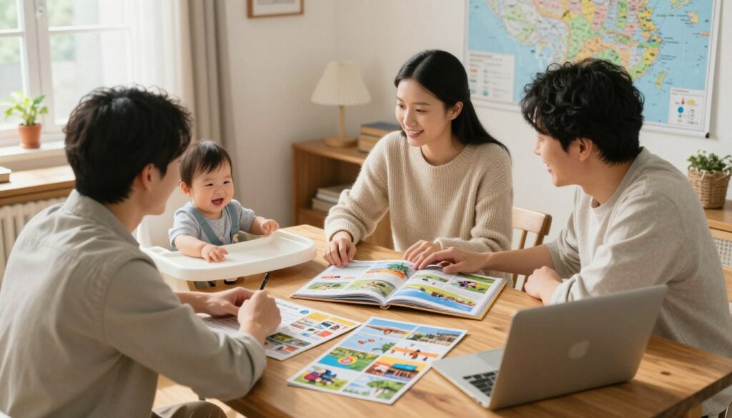 A warm and inviting scene of a family planning their first vacation with a baby, sitting around a wooden table scattered with travel brochures and a laptop. In the foreground, a father, dressed in comfortable casual clothing, is interacting with a cheerful infant in a high chair, while the mother, in a cozy sweater, looks over travel options. The middle ground features an open travel guide with colorful pictures of family-friendly destinations. The background depicts a sunlit room with a map on the wall, suggesting adventure. The atmosphere is joyful and relaxed, evoking a sense of excitement for their upcoming trip. Soft natural light streams through a window, creating a cozy ambiance. The camera angle is slightly elevated, capturing the family dynamic beautifully. A warm and inviting scene of a family planning their first vacation with a baby, sitting around a wooden table scattered with travel brochures and a laptop. In the foreground, a father, dressed in comfortable casual clothing, is interacting with a cheerful infant in a high chair, while the mother, in a cozy sweater, looks over travel options. The middle ground features an open travel guide with colorful pictures of family-friendly destinations. The background depicts a sunlit room with a map on the wall, suggesting adventure. The atmosphere is joyful and relaxed, evoking a sense of excitement for their upcoming trip. Soft natural light streams through a window, creating a cozy ambiance. The camera angle is slightly elevated, capturing the family dynamic beautifully.