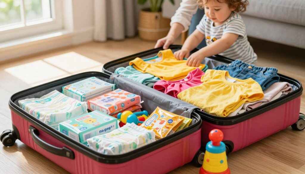 A well-organized packing scene for a family vacation, focusing on a brightly colored, neatly arranged suitcase. In the foreground, various essential items for a trip with a toddler are displayed: diapers, snacks, toys, and clothing, each item clearly visible and strategically placed. In the middle, the suitcase, open and overflowing with vibrant summer attire, appears inviting and practical. In the background, a cozy family travel setting, perhaps a living room with travel-related décor, sunlight pouring through a window to create a warm, cheerful atmosphere. The image should capture the feeling of excitement and preparedness for a family adventure. Use natural light to enhance the colors and textures, showcasing the joyful chaos of family travel. A well-organized packing scene for a family vacation, focusing on a brightly colored, neatly arranged suitcase. In the foreground, various essential items for a trip with a toddler are displayed: diapers, snacks, toys, and clothing, each item clearly visible and strategically placed. In the middle, the suitcase, open and overflowing with vibrant summer attire, appears inviting and practical. In the background, a cozy family travel setting, perhaps a living room with travel-related décor, sunlight pouring through a window to create a warm, cheerful atmosphere. The image should capture the feeling of excitement and preparedness for a family adventure. Use natural light to enhance the colors and textures, showcasing the joyful chaos of family travel.