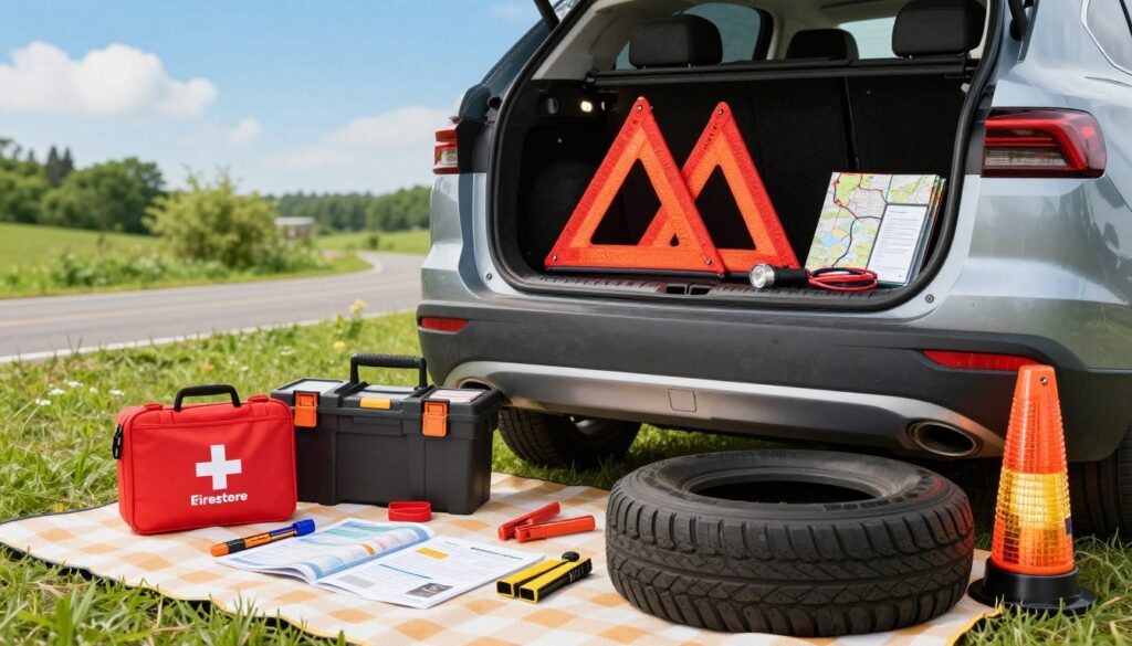 A well-organized selection of essential emergency equipment and documentation for a summer road trip. In the foreground, highlight neatly arranged items like a first aid kit, a toolbox with tools, a spare tire, and road flares, all set atop a picnic blanket. The middle ground features an open car trunk displaying an emergency car kit with reflective triangles, jumper cables, and a flashlight, alongside neatly stacked maps and a car manual. In the background, a scenic summer landscape with bright blue skies and lush greenery sets a calm and inviting atmosphere. The soft natural light enhances the vibrant colors, and the angle shows a slightly elevated view, emphasizing the preparedness for a safe journey. A well-organized selection of essential emergency equipment and documentation for a summer road trip. In the foreground, highlight neatly arranged items like a first aid kit, a toolbox with tools, a spare tire, and road flares, all set atop a picnic blanket. The middle ground features an open car trunk displaying an emergency car kit with reflective triangles, jumper cables, and a flashlight, alongside neatly stacked maps and a car manual. In the background, a scenic summer landscape with bright blue skies and lush greenery sets a calm and inviting atmosphere. The soft natural light enhances the vibrant colors, and the angle shows a slightly elevated view, emphasizing the preparedness for a safe journey.