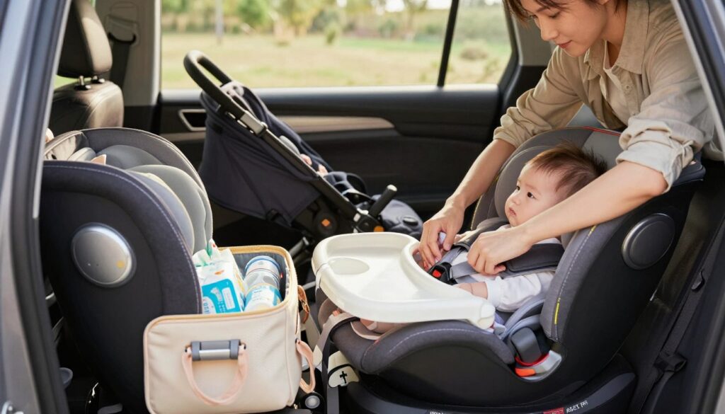 A well-organized transportation setup for traveling with an infant, featuring a cozy car interior. In the foreground, a parent, dressed in casual yet neat clothing, securely fastens a baby in a high-quality car seat, demonstrating focus and care. In the middle, an open diaper bag with essential items like diapers and baby wipes is visible beside the car seat, symbolizing preparedness. The background shows a neatly packed trunk with luggage and a stroller, hinting at a family road trip. Soft, natural lighting filters in through the car windows, creating a warm, inviting atmosphere. The mood conveys a sense of calm and safety, emphasizing the importance of organization and security during travel with a baby. A well-organized transportation setup for traveling with an infant, featuring a cozy car interior. In the foreground, a parent, dressed in casual yet neat clothing, securely fastens a baby in a high-quality car seat, demonstrating focus and care. In the middle, an open diaper bag with essential items like diapers and baby wipes is visible beside the car seat, symbolizing preparedness. The background shows a neatly packed trunk with luggage and a stroller, hinting at a family road trip. Soft, natural lighting filters in through the car windows, creating a warm, inviting atmosphere. The mood conveys a sense of calm and safety, emphasizing the importance of organization and security during travel with a baby.