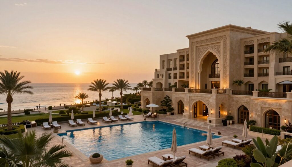 Luxurious hotels in Marsa Alam, Egypt, featuring elegant architecture with sweeping views of the Red Sea. The foreground showcases a beautifully landscaped pool area with palm trees and sun loungers, inviting relaxation. In the middle ground, the opulent hotel façade is adorned with intricate designs and spacious balconies. The background captures a breathtaking sunset casting warm golden light across the horizon and the gentle waves of the sea. Use a focus on depth to highlight the luxurious ambiance, with a warm color palette that evokes a sense of comfort and tranquility. Soft lighting enhances the serene atmosphere, emphasizing the upscale tourism infrastructure. Capture the essence of a tranquil escape in this coastal paradise, perfect for a leisure vacation.
